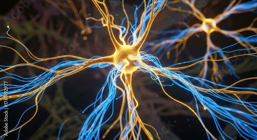 Neurons in the Network: An artistic depiction of neurons, the fundamental units of the nervous system, in a close-up view, highlighting their intricate structures and pathways.