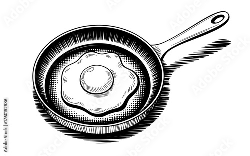 Close-up of a fried egg cooking on a hot frying pan, showing breakfast food preparation and simple homemade meal concept.