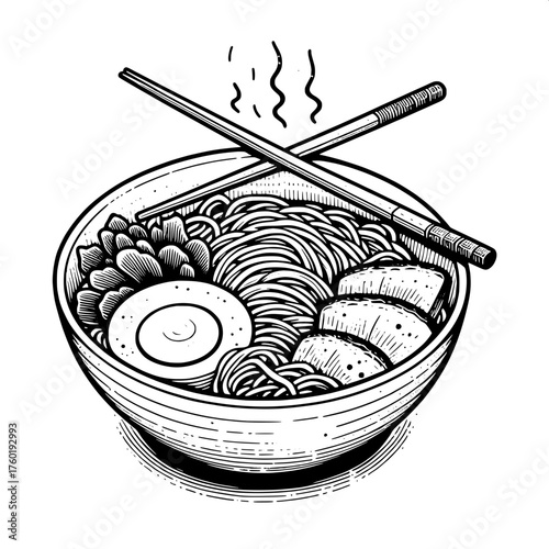 A bowl of steaming ramen with chopstick