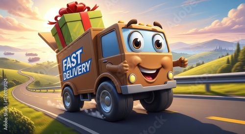 Cheerful Delivery on the Move: A smiling cartoon truck, packed with wrapped gifts, zips along a winding road, embodying the joy and swiftness of delivery service.