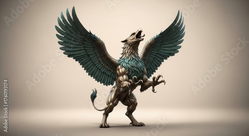  Majestic Griffin Unleashed: A mythical griffin stands in a powerful stance, its wings spread wide, embodying strength and grace, against a light background. 