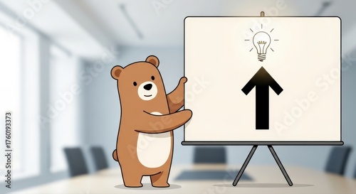 Bear Presenting Bright Idea: An adorable cartoon bear shares an innovative thought, pointing towards a light bulb and upward arrow, conveying creativity and forward-thinking in a business setting.