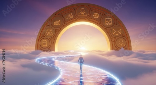 Journey to Opportunity: A solitary figure embarks on a luminous path, drawn towards a majestic archway that represents a gateway to new possibilities and endeavors.