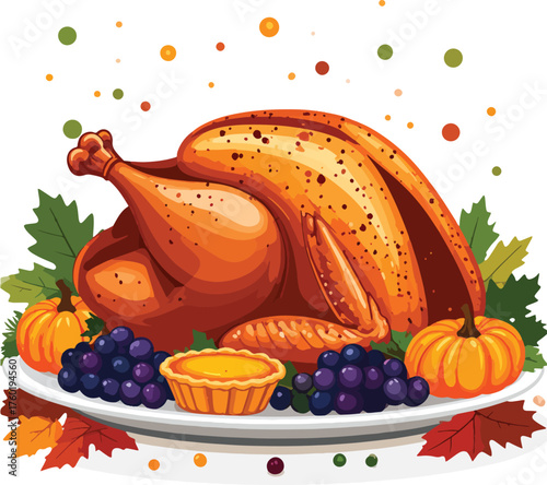 Roasted turkey on a platter with autumn leaves, fruits, and pie on a white background, celebrating Sweetest Day and Thanksgiving.