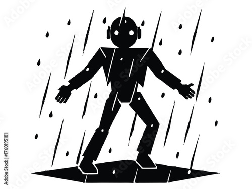 Vector art of silhouette of robot standing in the rain