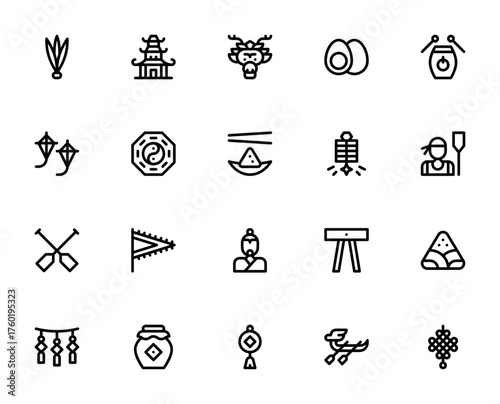 Dragon Boat Festival icon set. Vector illustration faturing Zongzi, Dragon Boa, Realgar Wine, Calamus, Dums, Fireworks and more. Eitable stroke.