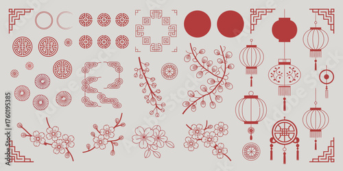 Chinese New Year Elements Vector Set, Traditional Oriental Ornaments, Lanterns, Festive Flowers, Clouds, and Lunar Symbols for Asian Festival and New Year Celebrations
