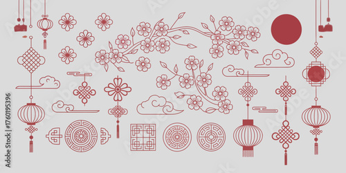 Asian Festive Vector Elements, Chinese New Year Ornaments, Lanterns, Clouds, Lunar Symbols, Traditional Festival Flowers and Celebration Designs