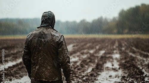 A mud covered farmer stands in a wet plowed field during heavy rain symbolizing agricultural hardship