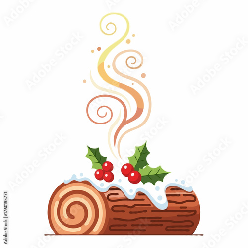 A steaming Yule log-shaped cake with holly and berries, with festive steam rising above it, a flat design vector illustration, a holiday dessert symbol