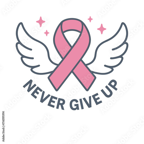 Pink ribbon with wings, stars, 'Never Give Up'. Breast cancer awareness.