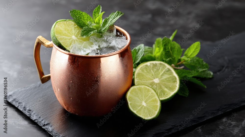 Fototapeta premium Refreshing Copper Mug Cocktail with Mint and Lime Garnish