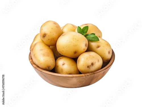 Pile of Fresh Yellow Potatoes in a Wooden Bowl with Green Basil Leaves on Black Background, Isolated On Transparent Background