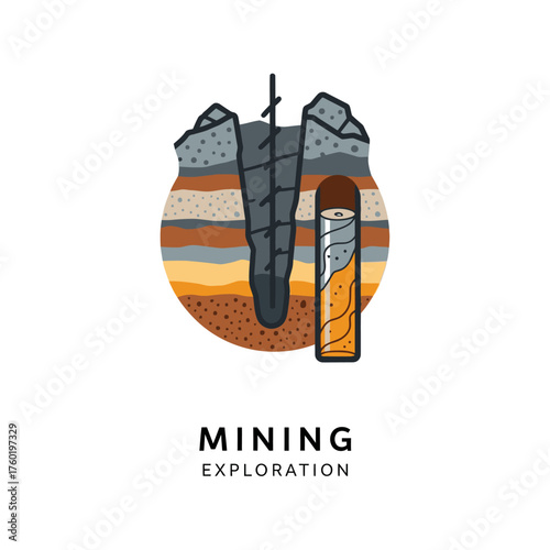 Mining exploration illustration with cross-section of earth layers and a drill.