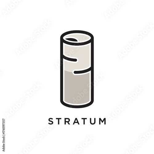A minimalist logo design featuring a stylized cylinder representing layers, with the word STRATUM below.