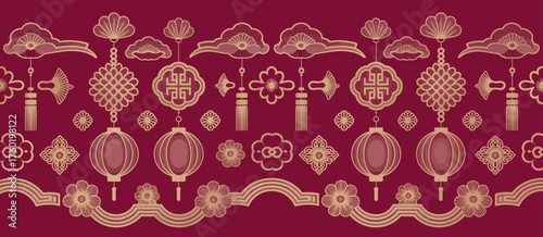 Chinese Traditional Ornaments Vector Set, Lunar Year Decorations with Flowers, Lanterns, Clouds, and Festive Icons for Asian New Year Celebrations
