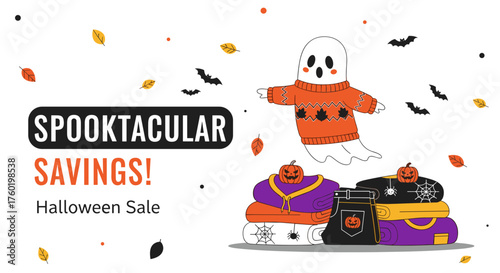 Spooktacular Savings Halloween Sale vector banner with cute ghost and autumn retail items
