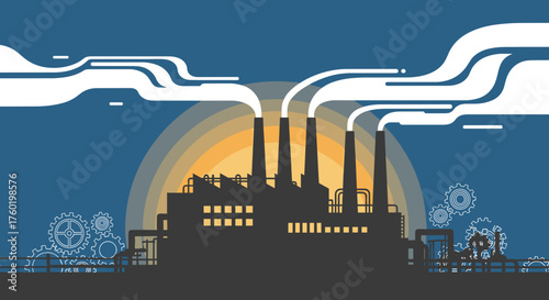 Industrial factory silhouette with gears and smoke plumes against a sunset background