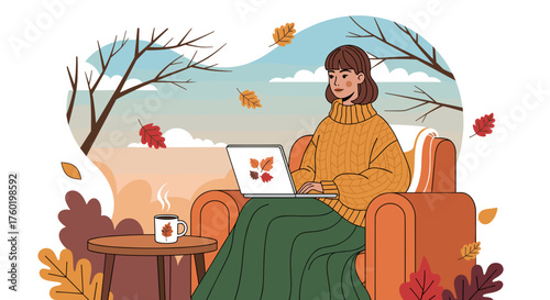 Cozy autumn work setup Woman telecommuting on laptop with coffee among falling leaves