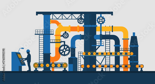 Industrial factory worker controlling machinery and conveyor belts Manufacturing production line automation concept