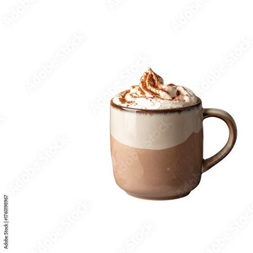 Hot chocolate in a ceramic mug with whipped cream and cocoa powder on top, cozy warm atmosphere