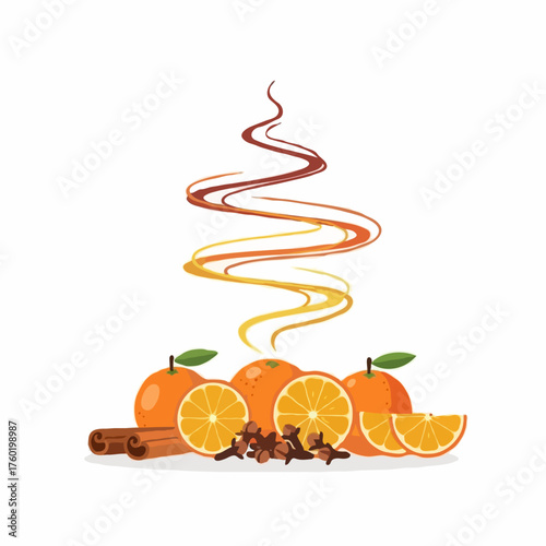 Citrus swirl - steaming orange slices with cinnamon sticks and cloves, surrounded by fragrant steam, festive vector illustration with winter spices, flat design
