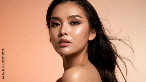 Portrait of an Asian Woman with Glowing Skin in Warm Lighting and Long Dark Hair with a Soft, Blurred Background. Beauty Concept and Portrait of Asian Skincare and Cosmetology Ideas