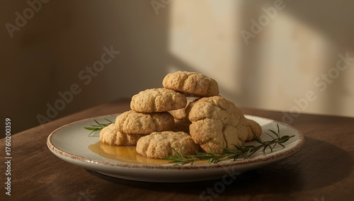 Baking event soft almond cookies with golden brown edges in a cozy kitchen background