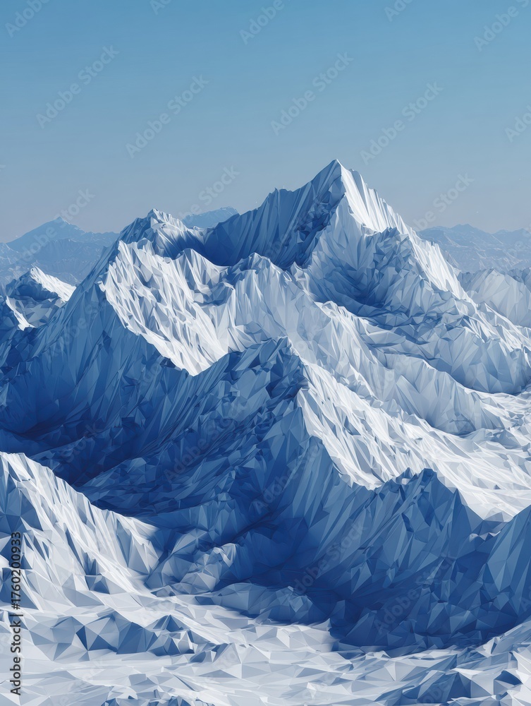 Naklejka premium Snow-covered mountains rise majestically under a bright blue sky, revealing sharp peaks and stunning icy formations. The landscape evokes tranquility and awe.