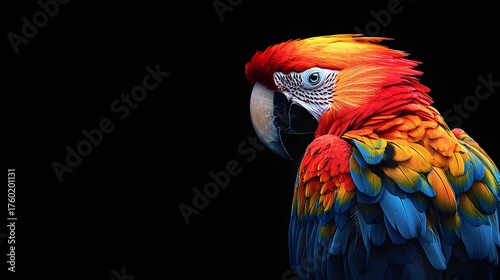 A striking Scarlet aw parrot rendered in a detailed close up against a solid black background