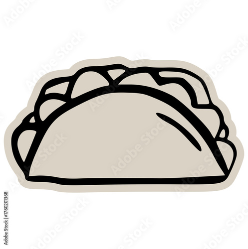 Taco empanada food doodle sticker icon: hand drawn illustration of mexican or latin american filled pastry for minimal restaurant menu design