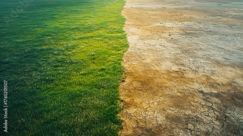 A striking visual depiction of a fertile green field meeting a parched cracked arid landscape highlighting environmental contrast