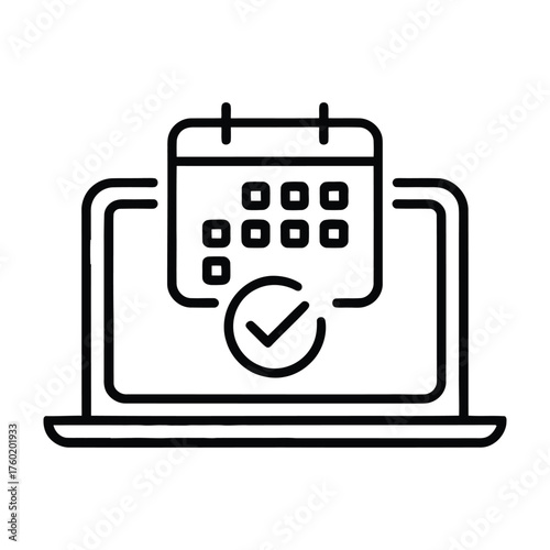 Digital calendar icon on laptop screen with checkmark indicating scheduled event or task completion
