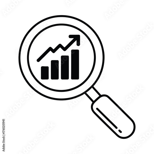 Magnifying glass examining a rising bar graph and upward trend line illustration