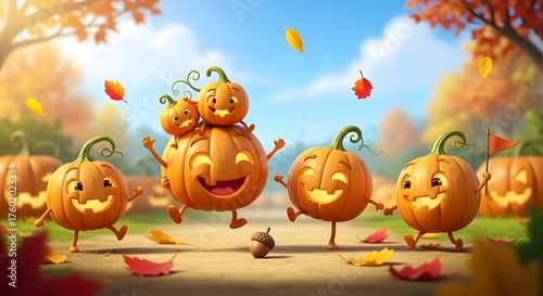 A joyous autumn celebration unfolds with a lively parade of cheerful, dancing cartoon pumpkins surrounded by vibrant fall leaves and an enchanting festive atmosphere