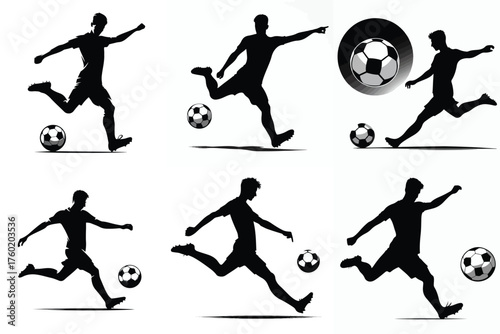 silhouette set of players kicking a ball
