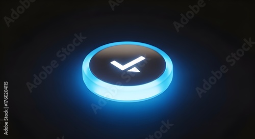 Illuminated check mark button on dark background