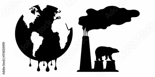 Urgent call for climate action showing melting earth, factory pollution, and polar bear vulnerability, a powerful symbol for environmental awareness projects