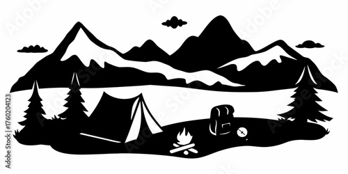 Embrace the Outdoors with this Camping Scene Featuring Majestic Mountains, Cozy Tent, Warm Campfire, Backpack, and Towering Pine Trees for Adventure Seekers