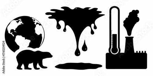 Urgent call to action for climate change awareness featuring a somber earth, oil spill, polar bear and factory symbolizing environmental challenges