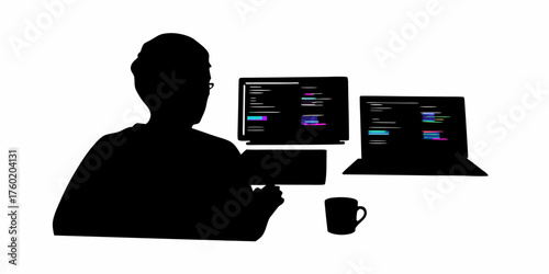 Dedicated coder silhouette working on multiple screens with coffee, perfect for software development, remote work, or tech startup vibes, a modern workspace theme