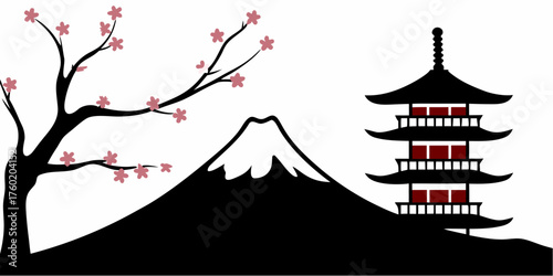 Captivating Japanese landscape featuring Mount Fuji with cherry blossoms and a traditional pagoda, exuding serenity and cultural richness for travel and design