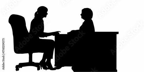 Stylish silhouette showing a professional consultation between two women at a desk, ideal for finance, career, or business needs, originally a scalable graphic