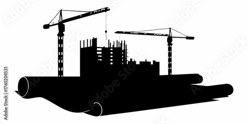 Dynamic silhouette of a construction site with cranes and building plans, conveying progress, development, and urban growth in a modern style