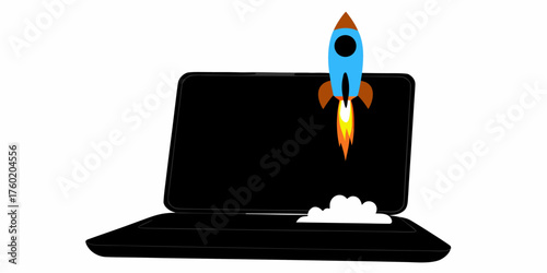 Launch your startup dream with a rocket blasting off a laptop, illustrating explosive growth and digital success, perfect for business and tech ventures