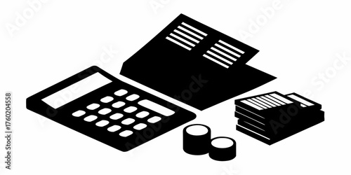 Streamlined finances with calculator, coins, and bankbook, perfect for accounting, business, and personal finance visuals, emphasizing financial management