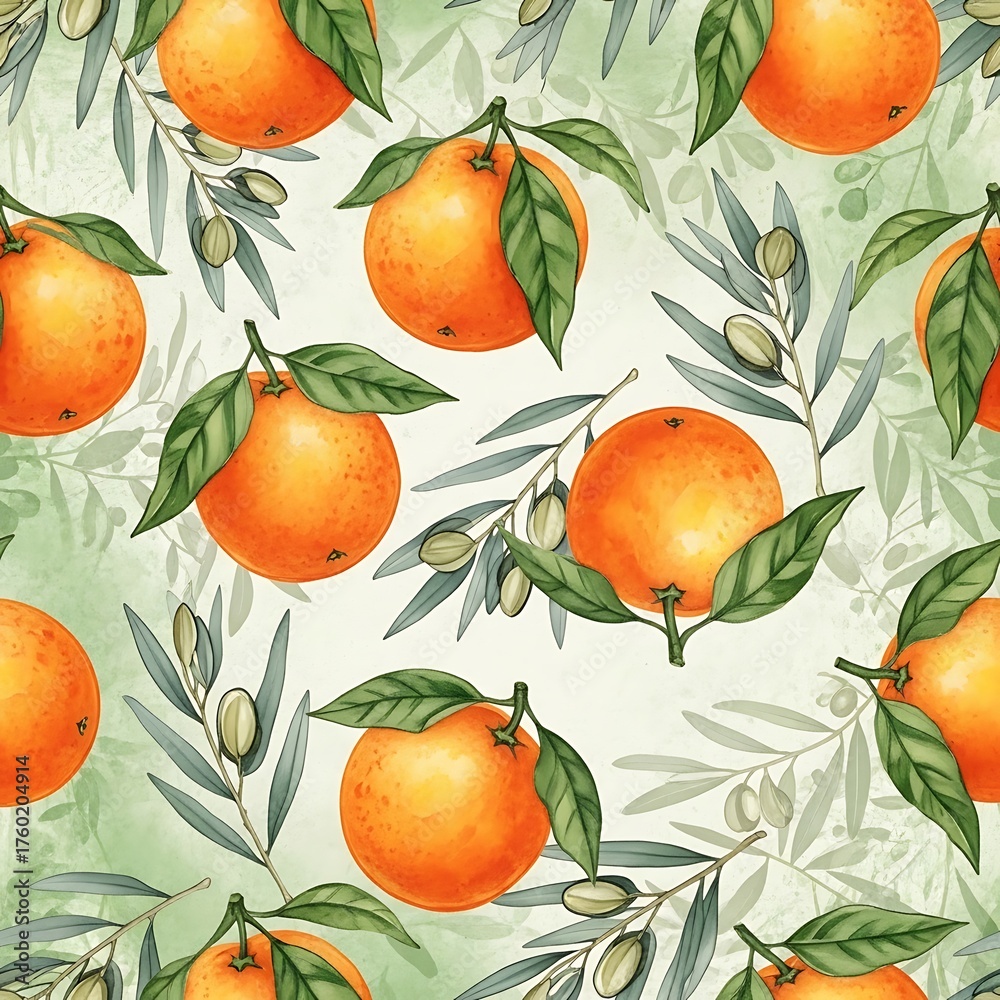Obraz premium Vibrant Watercolor Oranges and Olive Branches Seamless Pattern.