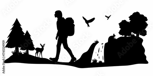 Inspiring nature adventure with hiker, deer, and waterfall, perfect for outdoor lifestyle brands and travel promotions, highlighting nature's beauty