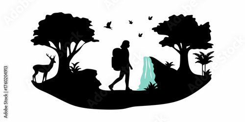Serene wilderness escape featuring a hiker, majestic deer, and tranquil waterfall, perfect for adventure and nature themes, originally a scalable vector graphic