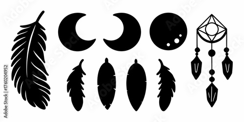 Dreamy bohemian design elements featuring feathers, moon phases, and a striking dreamcatcher for creative projects and mystical themes, originally a vector graphic